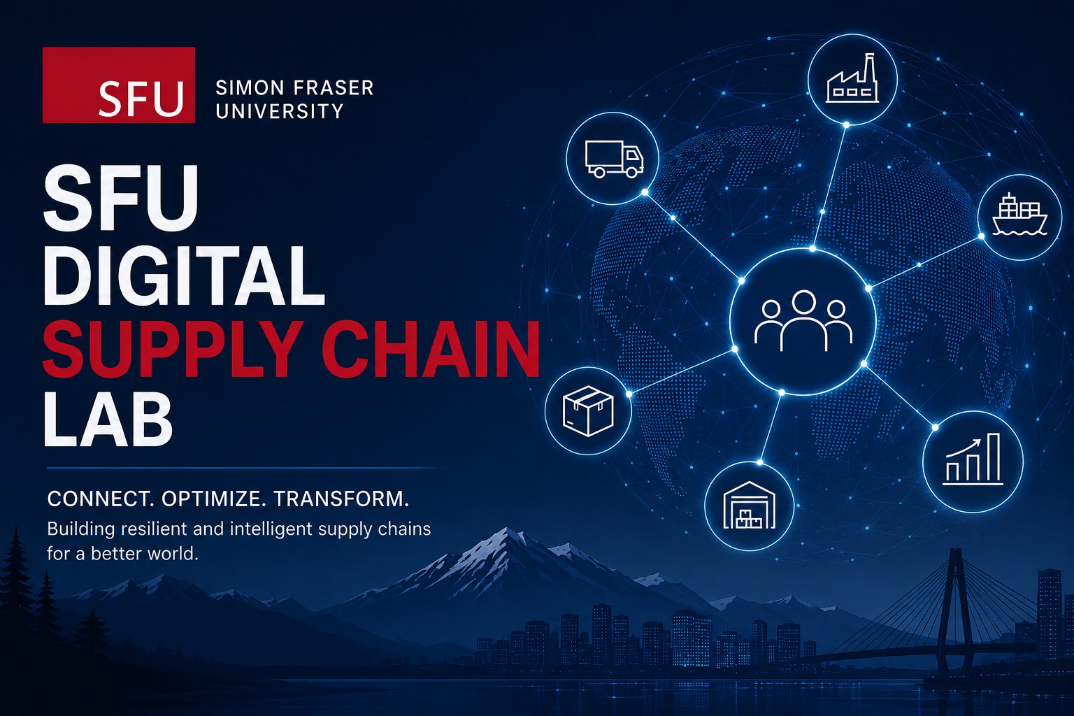 SFU Digital Supply Chain Lab infographic showing a connected global supply chain network